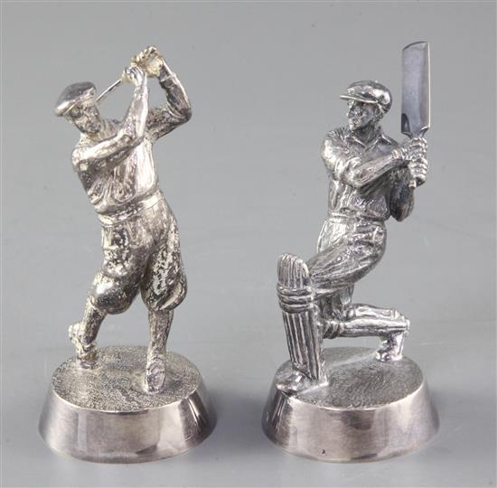 Two modern Theo Fennell silver models of a cricketer and a golfer, 16.3oz.